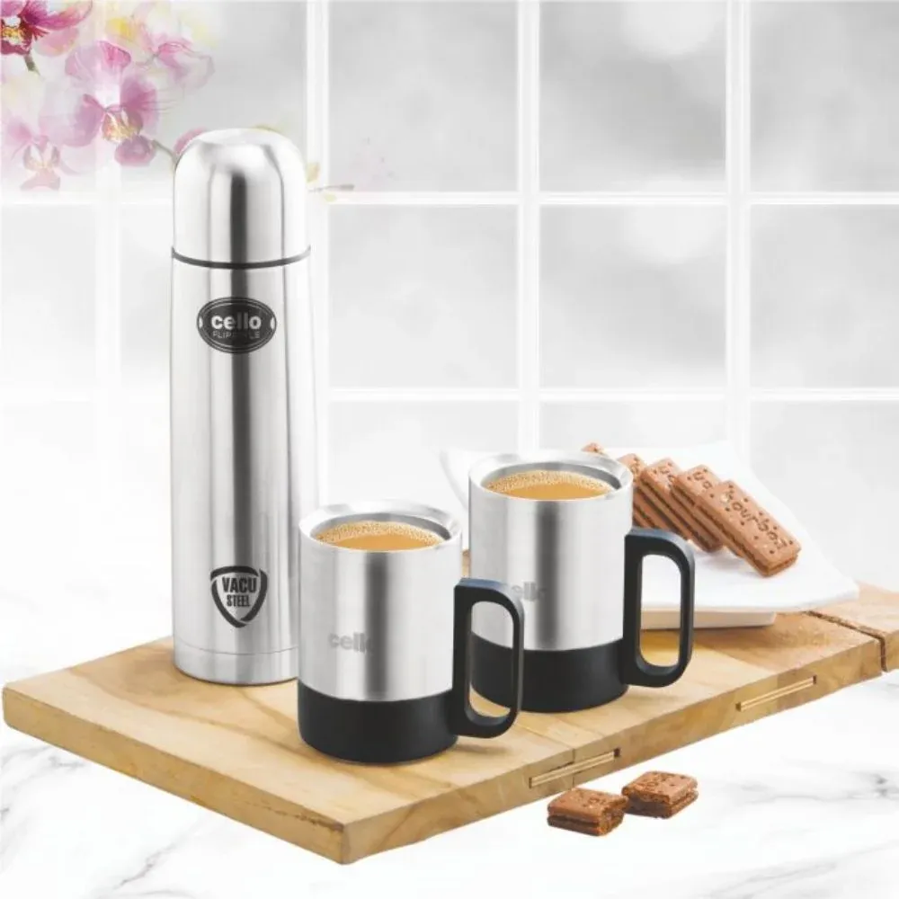 CELLO FLASK WITH MUGS